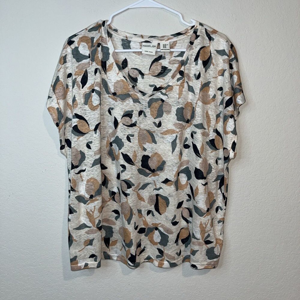 Rachel Zoe XL Top Blouse 100% Linen Floral Short Sleeve Womens Plus